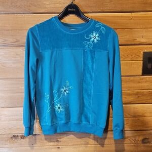 Alfred Dunner Aqua Floral Embroidered Sweater Top Small